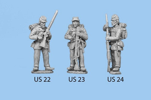 US-23 Union Infantry in Sack Coats / Backpack - Standing and Reaching for a Cap, rifle grounded