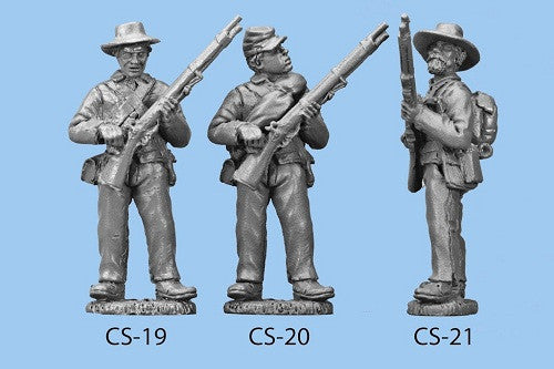 CS-21 Confederate Infantry in Shell Jacket / Back Pack / Standing and Reaching for a Cap / Rifle at Waist