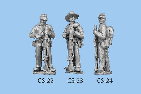 CS-24 Confederate Infantry in Shell Jacket / Back Pack / Standing and Reaching for a Cap / Rifle Grounded