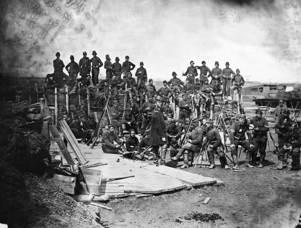 Dismounted U.S. Cavalry - 7 troops firing, officer, flag bearer, 3 holders, and 12 horses